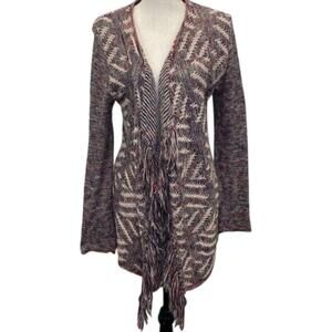 Lucky Brand Aztec Southwest Open Front Long Cardigan Duster With Fringes S